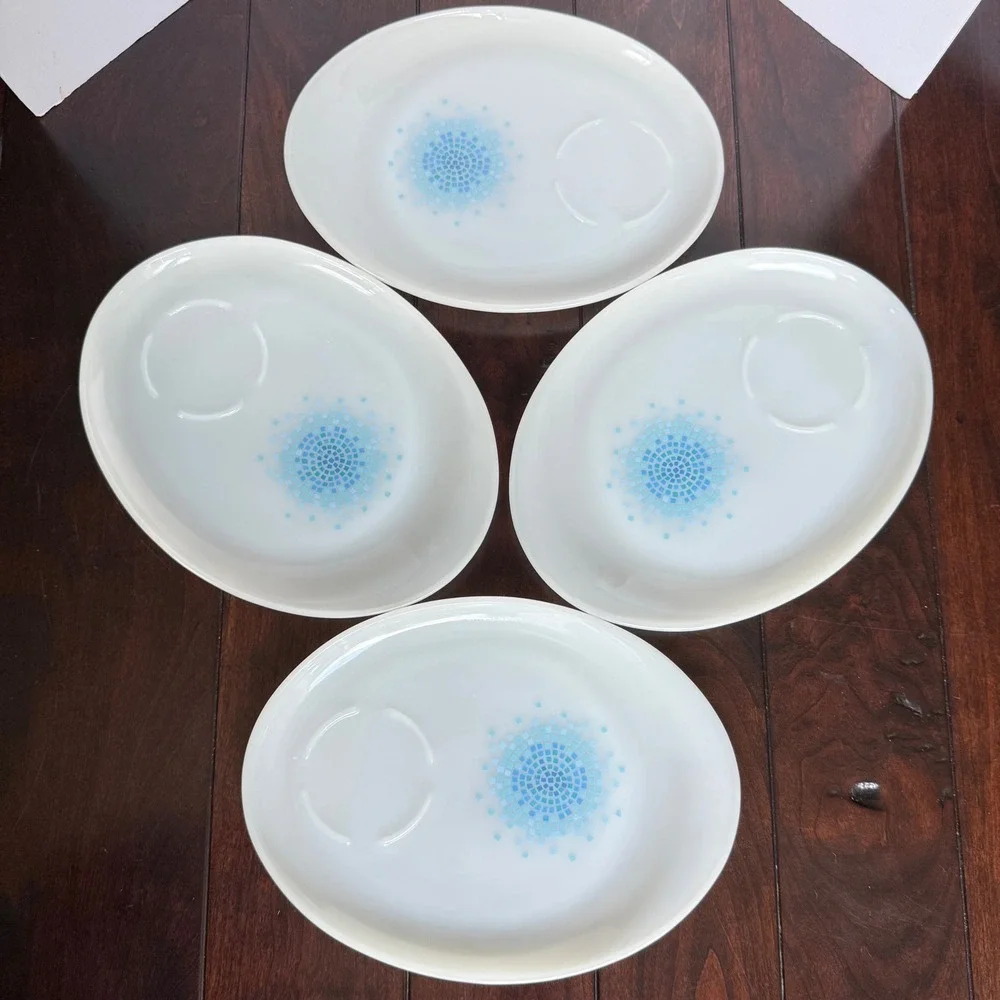 Vtg. Fire-King Blue Star Mosaic Milk Glass Snack Plates Set of 4 Anchor Hocking